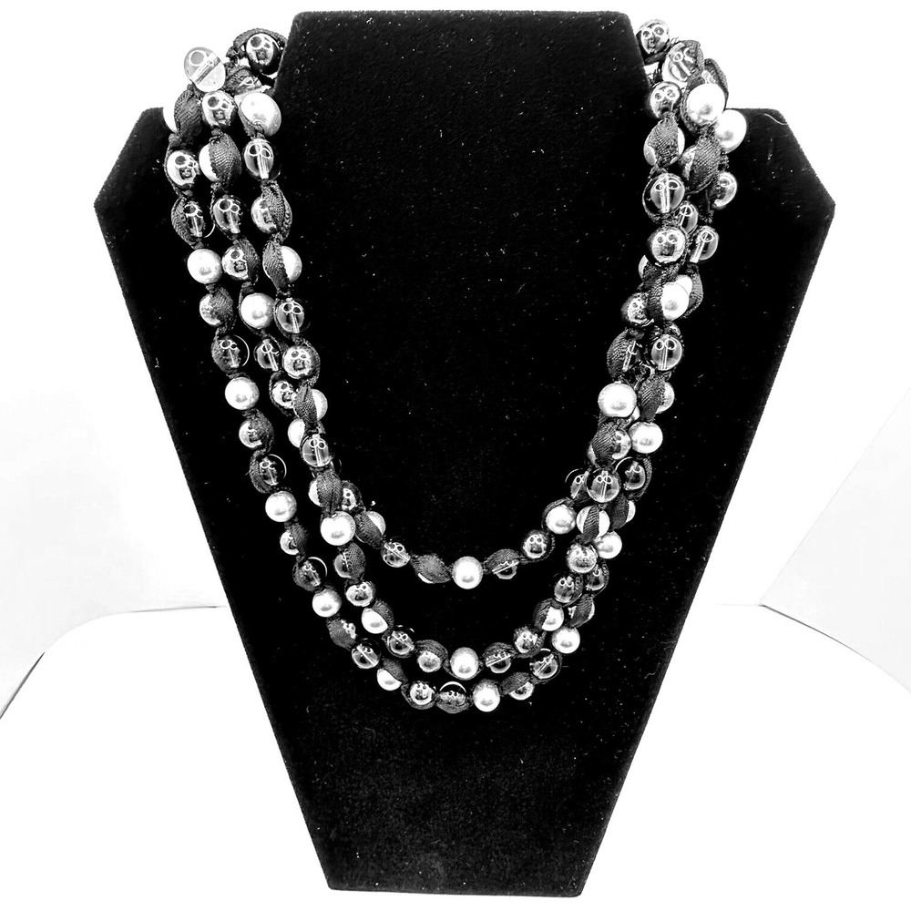 Triple Strand Black Fabric Cord Necklace Silver Smoke Grey Beaded Layered Toggle